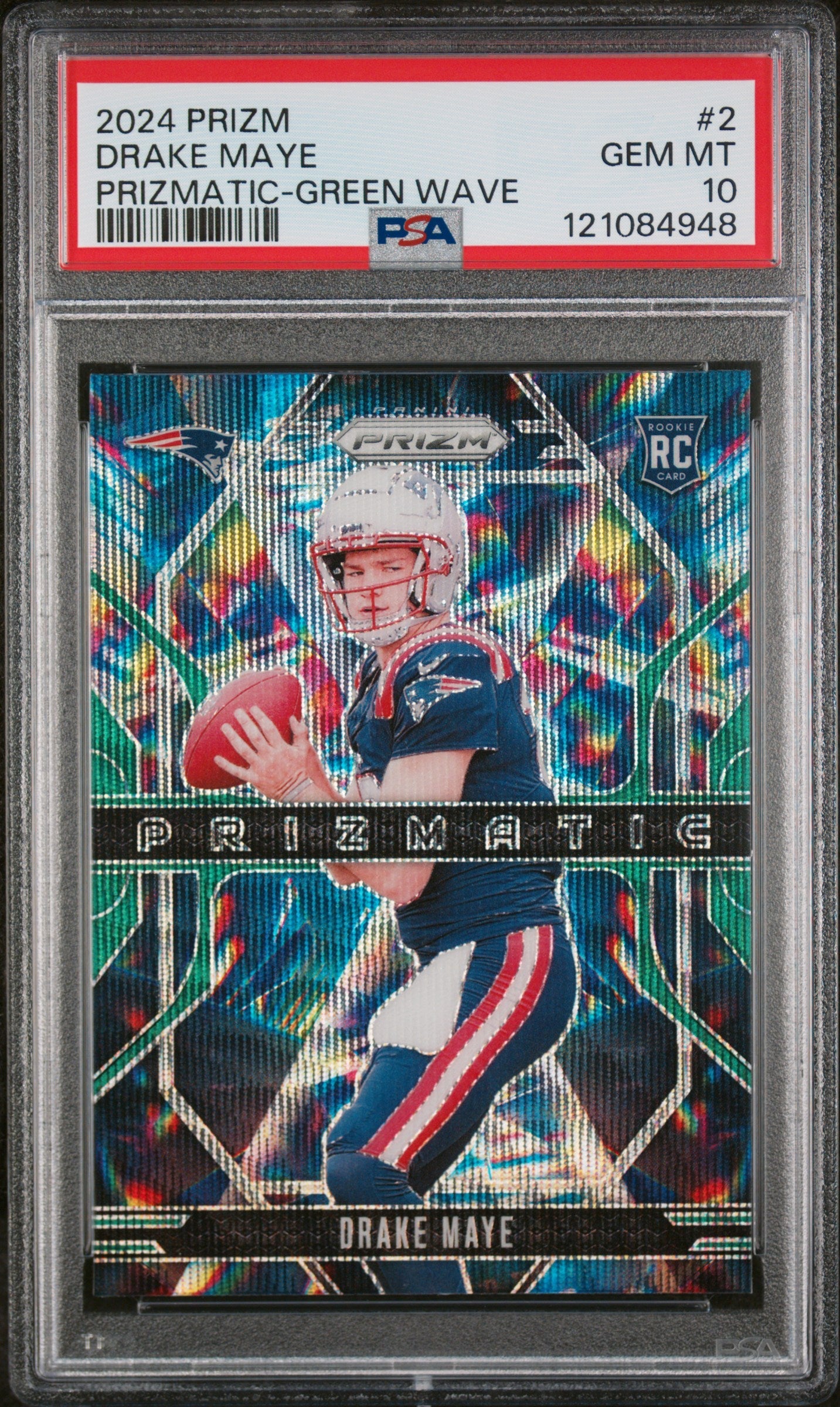 Graded 2024 Panini Prizm Drake Maye #2 Prizmatic Green Wave Rookie RC Football Card PSA 10 Gem Mint