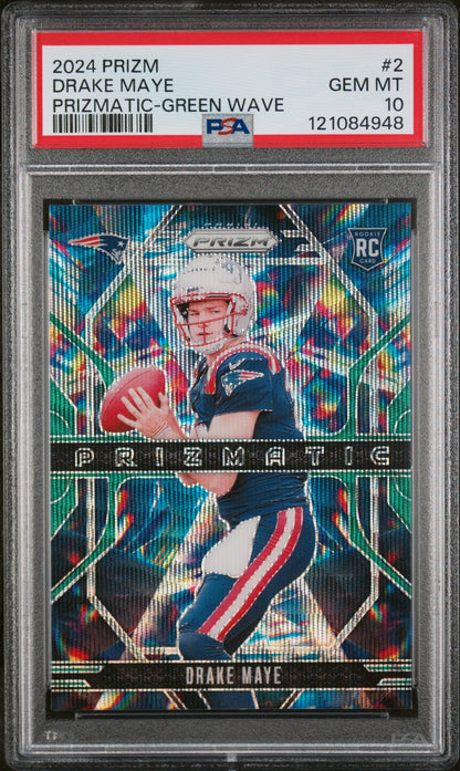 Graded 2024 Panini Prizm Drake Maye #2 Prizmatic Green Wave Rookie RC Football Card PSA 10 Gem Mint