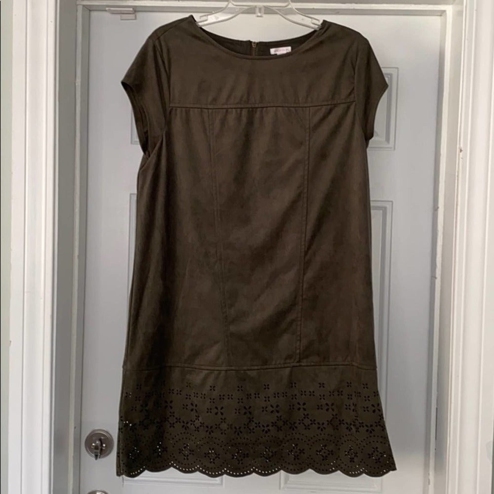 Dark Forest Green Suede Short Sleeve Dress L