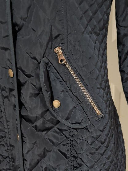 Cavalini Navy Blue Quilted Hooded Puffer Jacket with Gold-Tone Hardware Medium