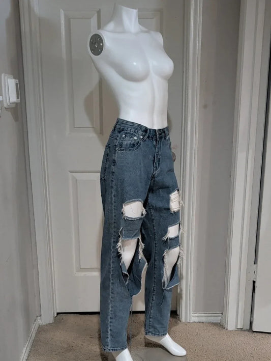 Unbranded Women's Straight Ripped Jeans in Washed Blue Small