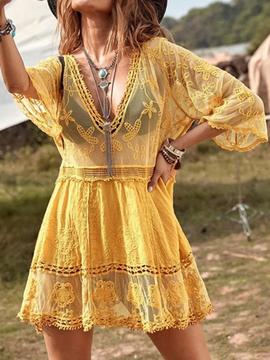 Dresses Trendsi Lace Plunge Beach Cover-Up Women's Dress: Stylish Summer Style