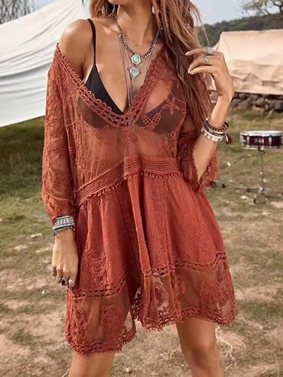 Dresses Trendsi Lace Plunge Beach Cover-Up Women's Dress: Stylish Summer Style