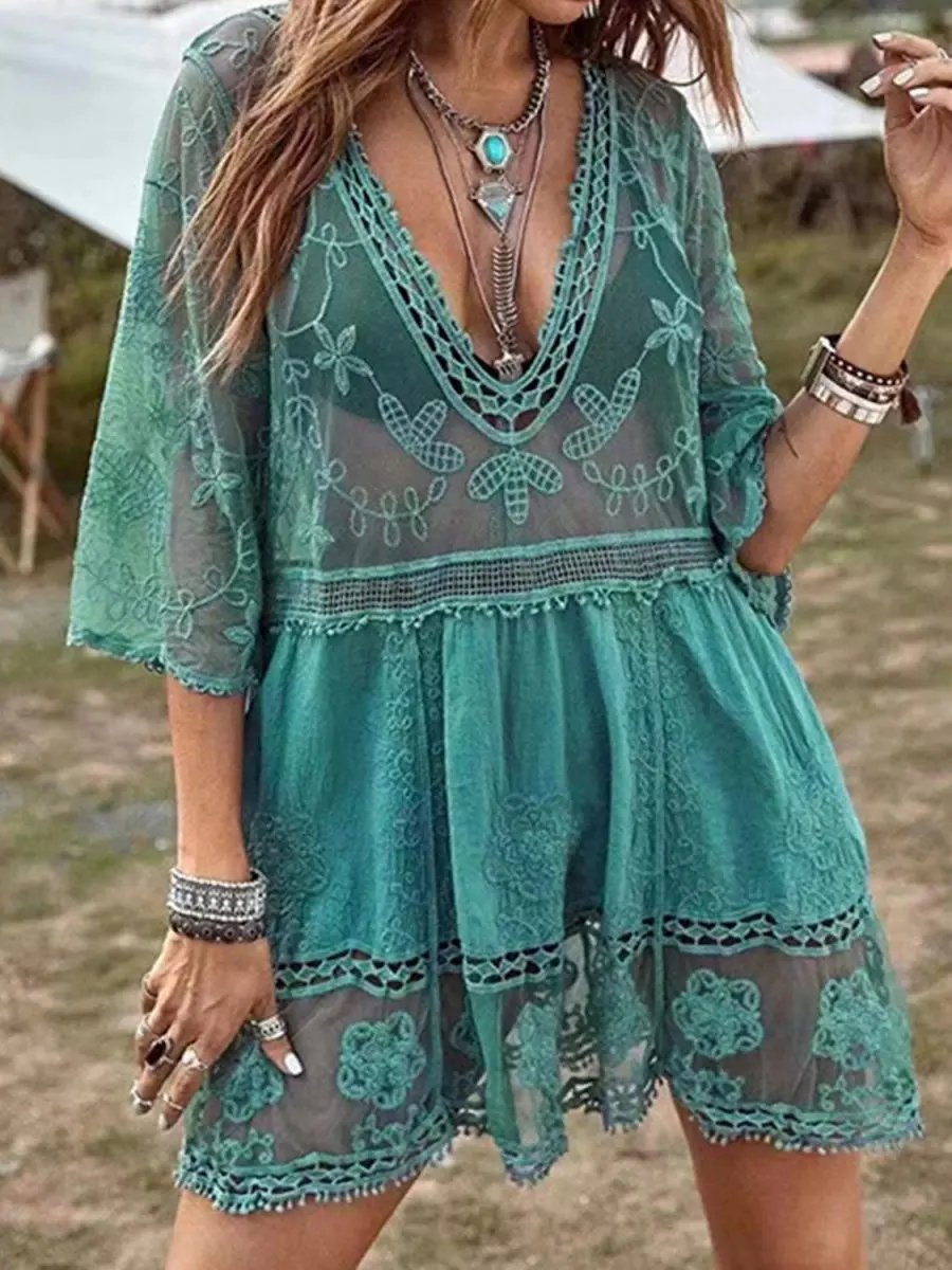 Dresses Trendsi Lace Plunge Beach Cover-Up Women's Dress: Stylish Summer Style