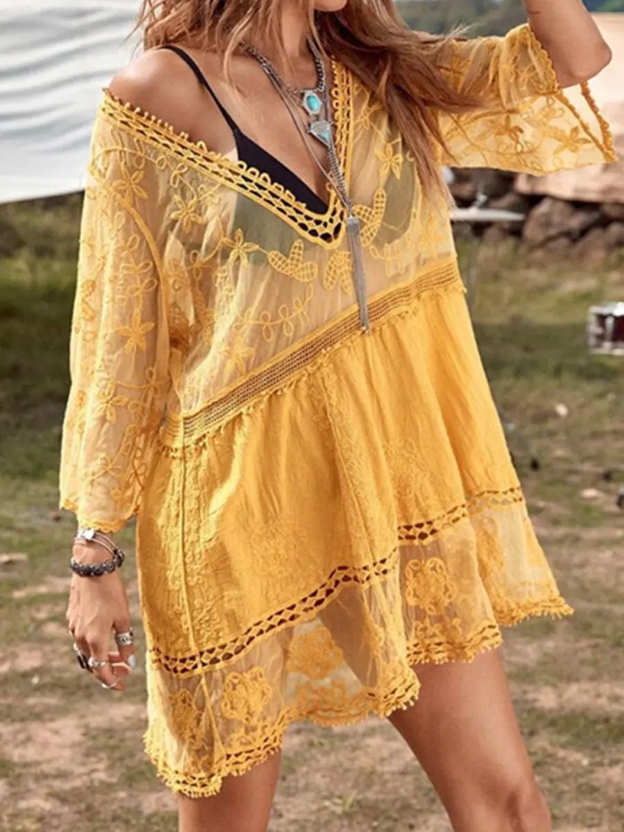 Dresses Trendsi Lace Plunge Beach Cover-Up Women's Dress: Stylish Summer Style