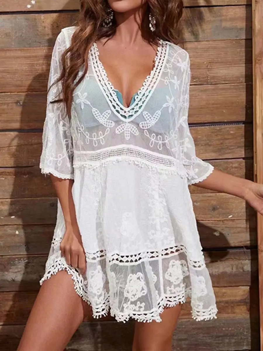 Dresses Trendsi Lace Plunge Beach Cover-Up Women's Dress: Stylish Summer Style