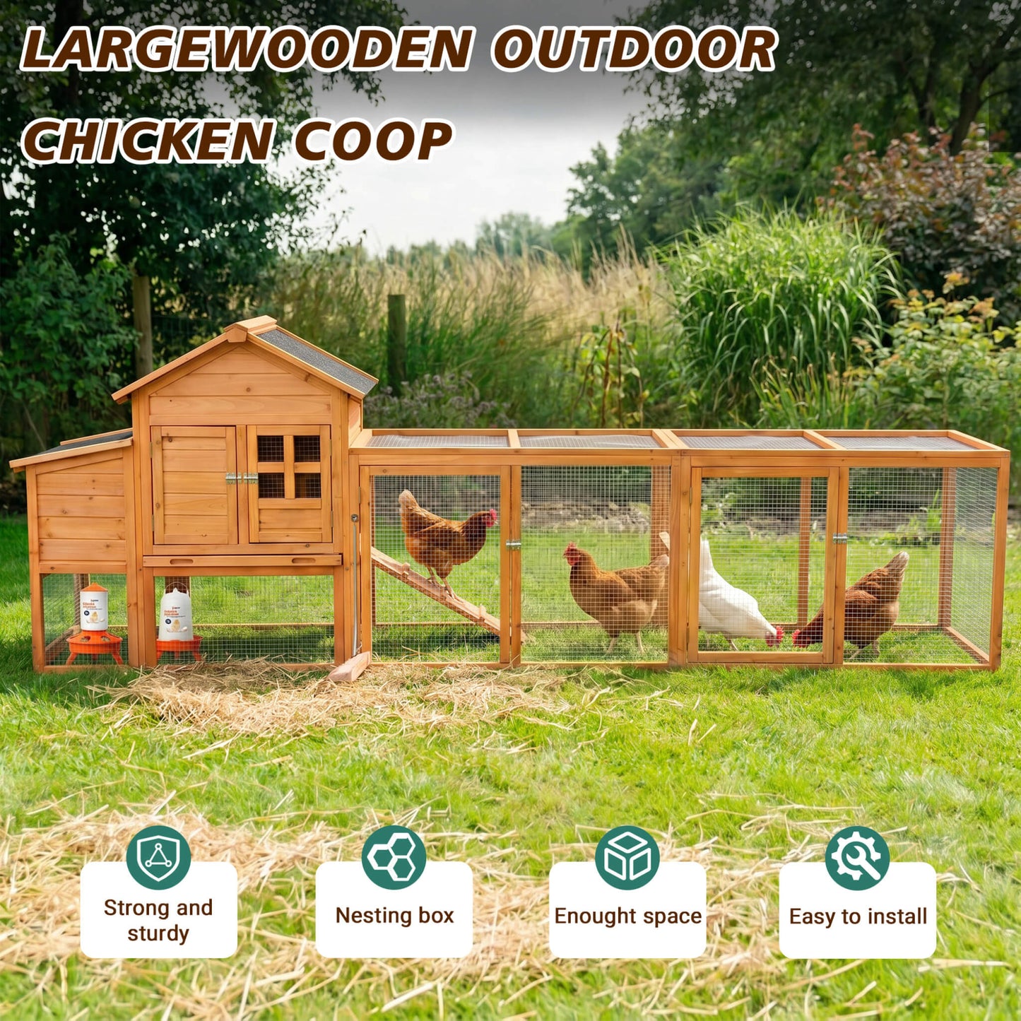 Large 122-Inch Chicken Coop With Run, Nest Box & Removable Tray For 4-6 Hens (SAK19542)