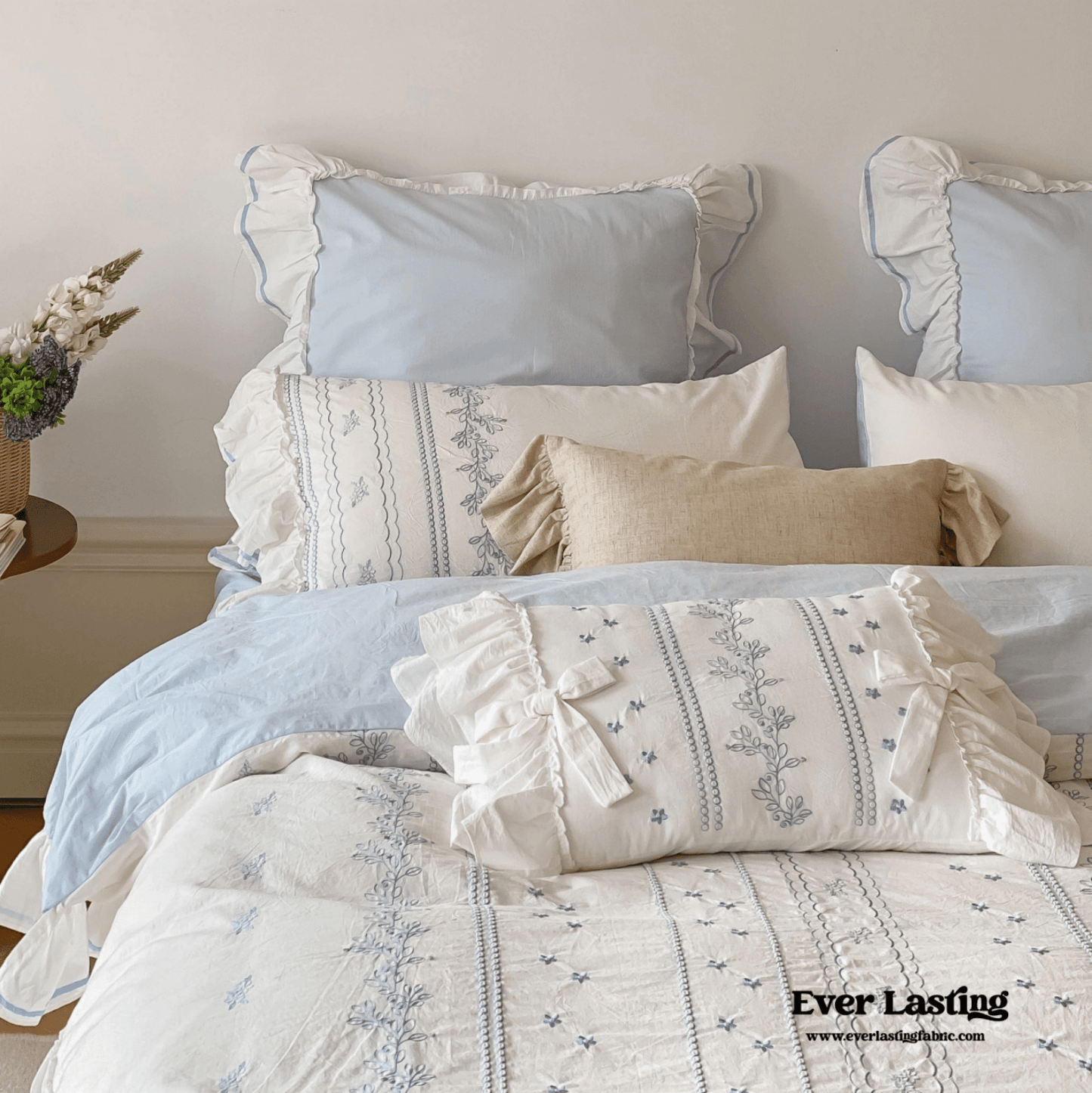Embroidered Large Blue Ruffle Square Pillowcase