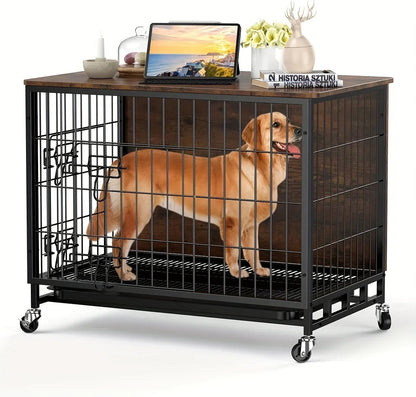 Large Heavy-Duty MDF & Wood Dog Crate Furniture - Double Door Kennel End Table with Removable Tray, Adjustable Divider &, Chew-Resistant Puppy Cage for Indoor/Outdoor Use, Multi-Size Dog House for Large Breeds (Golden Accent