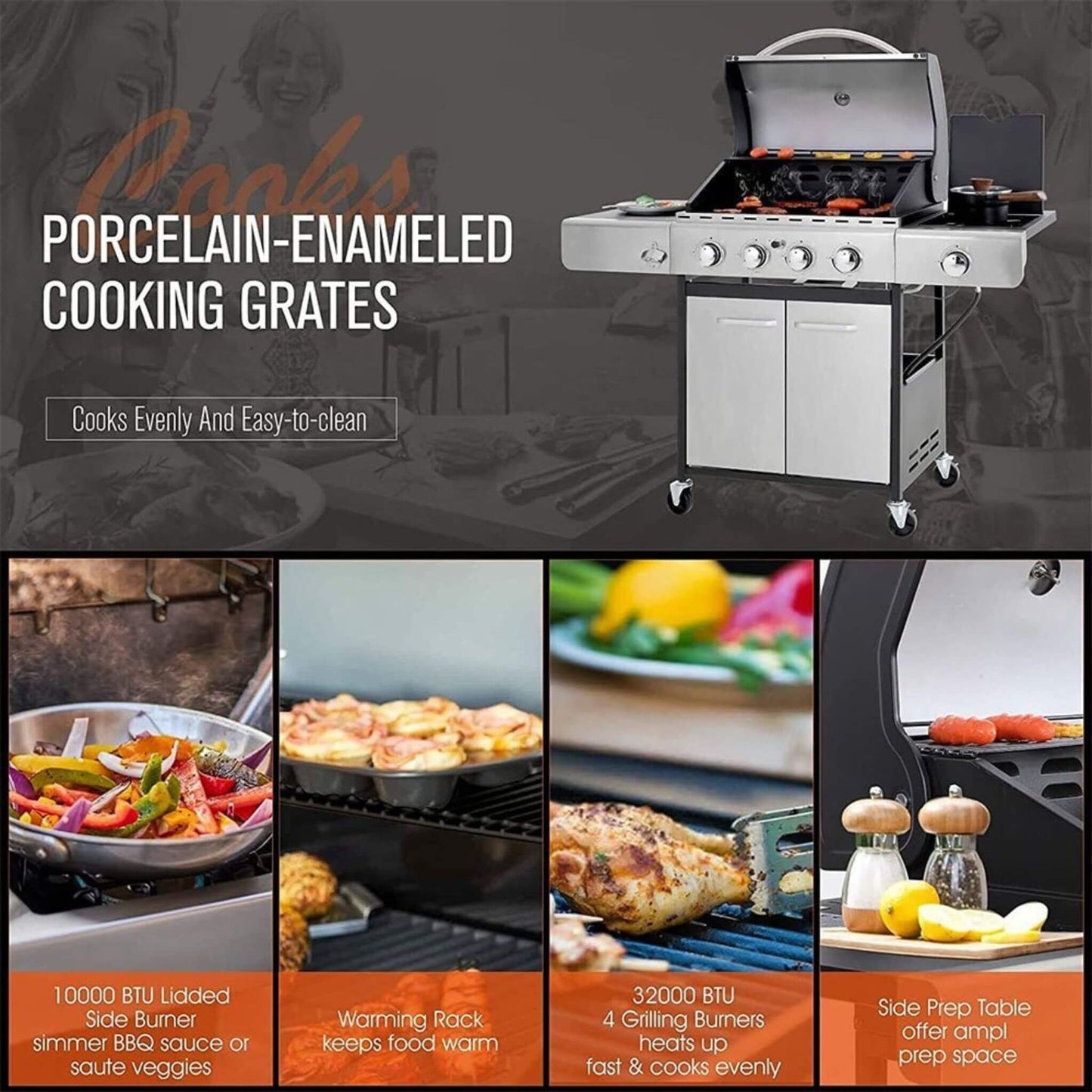 Large Outdoor 42K BTU BBQ Stainless Steel Propane Gas Grill With 4 Burners (SAK61283)