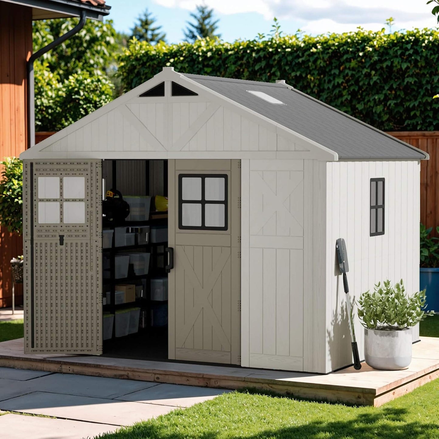 Alora Large Resin Outdoor Storage Shed With Floor, Windows, And Lockable Door (SAK98421)
