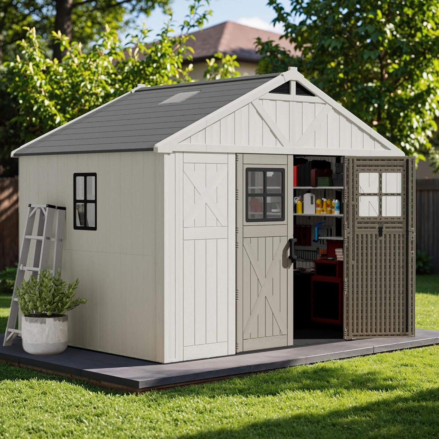 Alora Large Resin Outdoor Storage Shed With Floor, Windows, And Lockable Door (SAK98421)