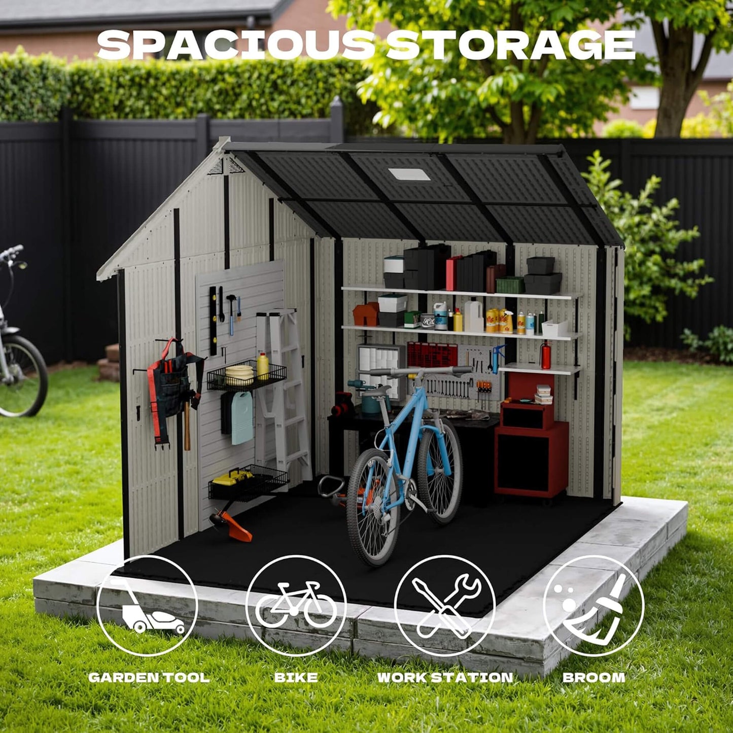 Alora Large Resin Outdoor Storage Shed With Floor, Windows, And Lockable Door (SAK98421)