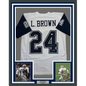 Framed Autographed/Signed Larry Brown 35x39 Super Bowl XXX MVP Dallas White Color Rush Football Jersey JSA COA