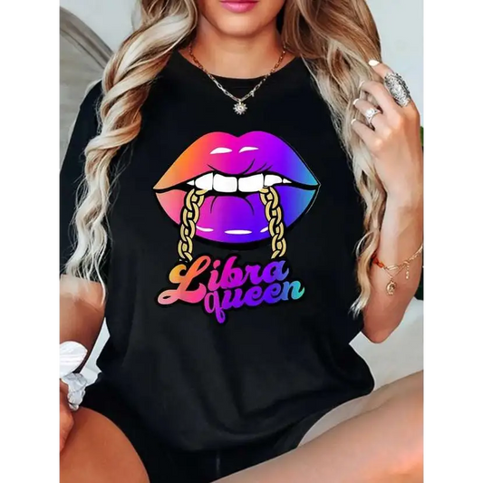 Libra Queen Print Rainbow Lips Cotton T-Shirt