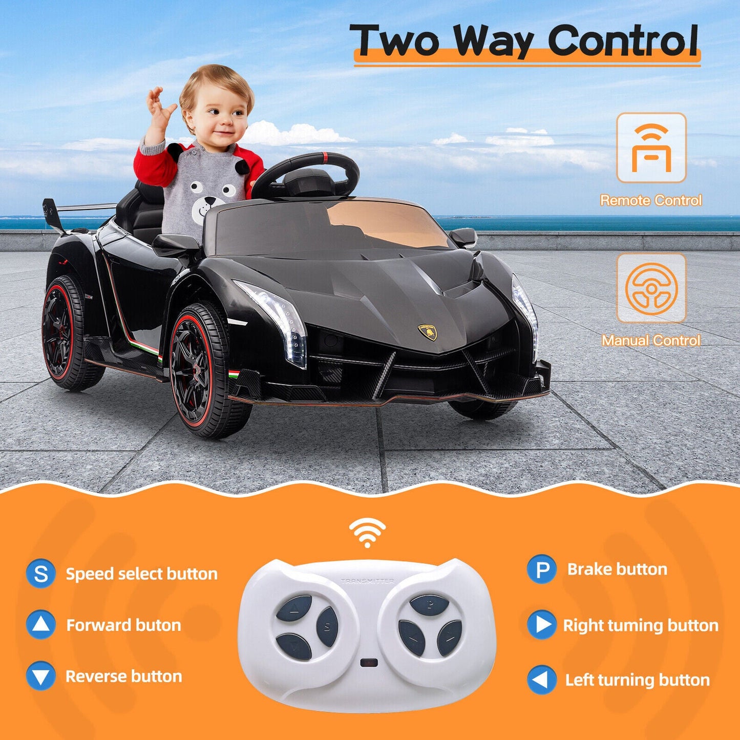 Licensed 12V Lamborghini Electric Ride-On Car for Kids with 2 Seats and Remote Control