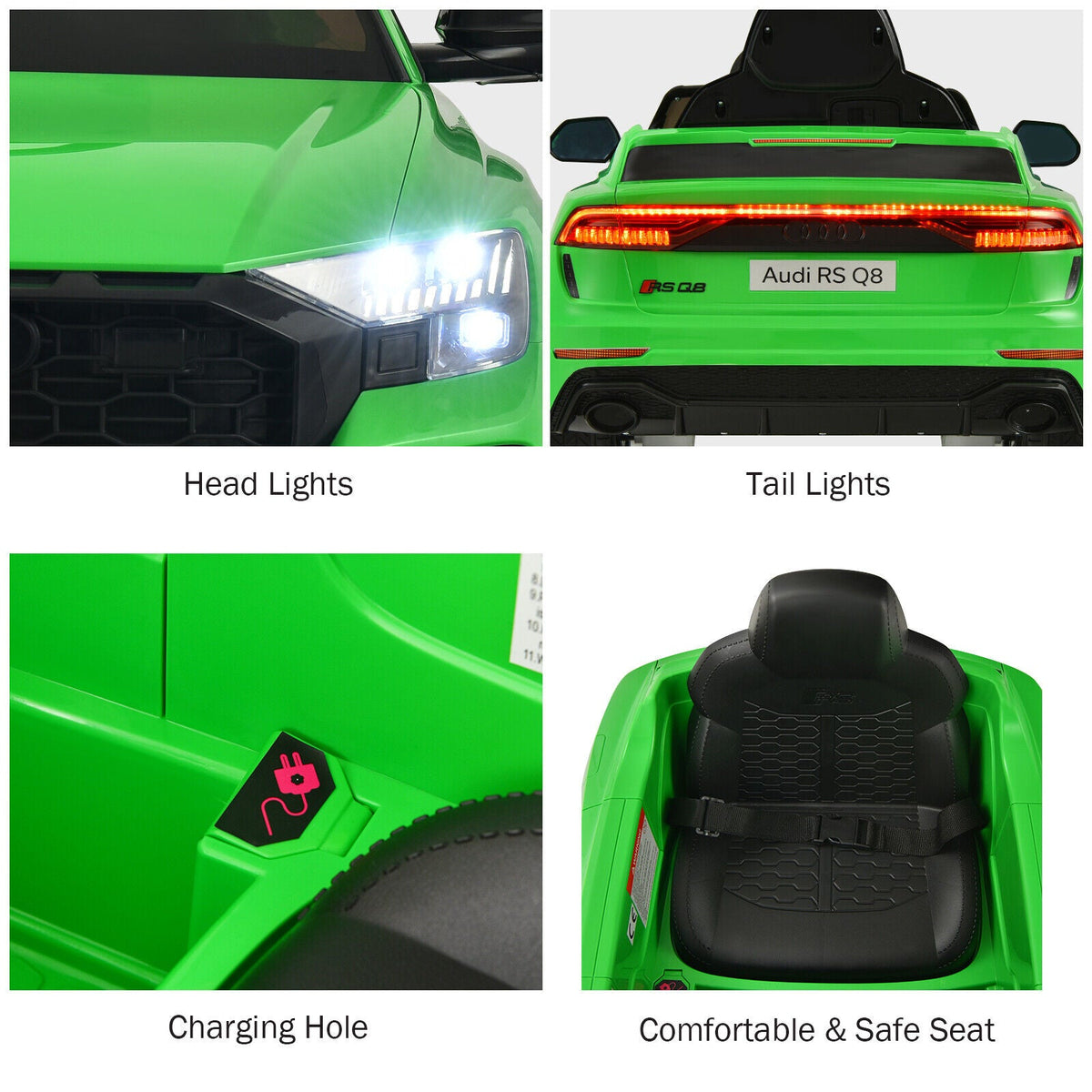 Licensed Audi RS Q8 12V Ride-On Car for Kids with Remote Control, Lights, and Music in Green