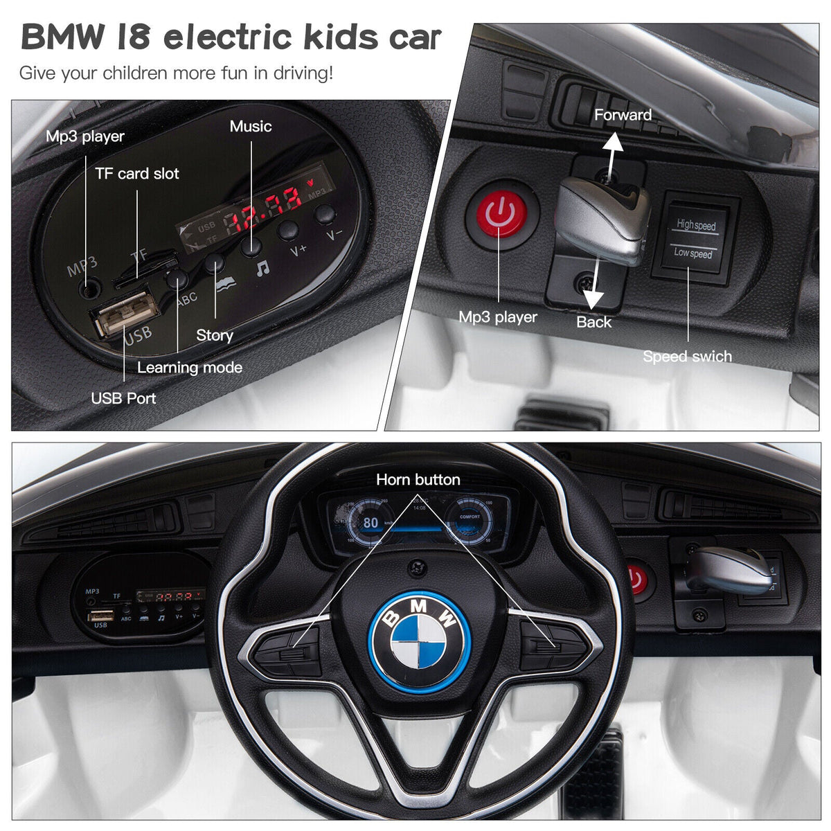 Licensed BMW I8 Style 12V Electric Ride-On Car for Kids with Remote Control