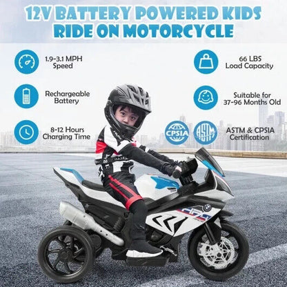Licensed BMW 3-Wheel Electric Ride-On Motorcycle for Kids with Lights - White