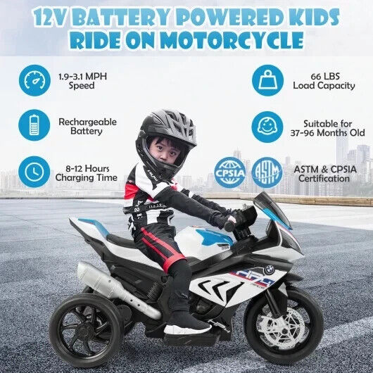 Licensed BMW 3-Wheel Ride-On Motorcycle for Kids with Music - 12V Battery Powered