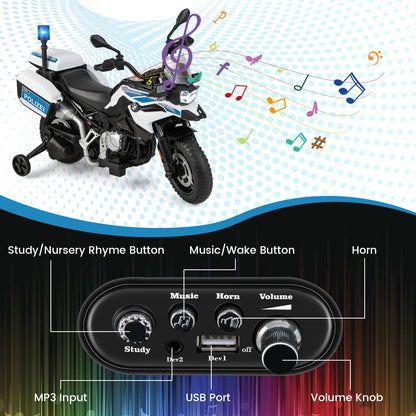 Licensed BMW Police Motorcycle Ride-On for Kids with Music and Lights - 12V White Dirt Bike