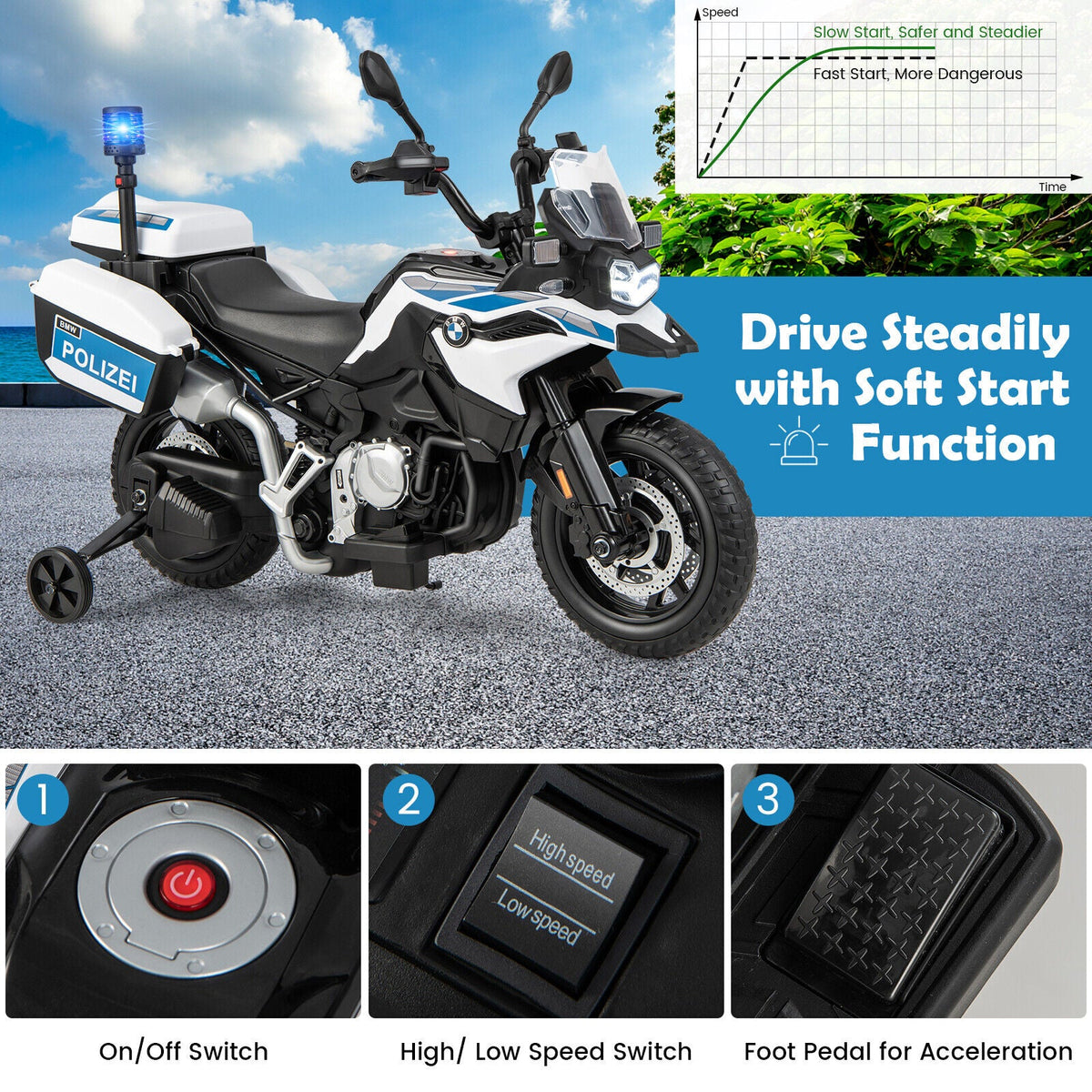 Licensed BMW Police Motorcycle Ride-On for Kids with Music and Lights - 12V White Dirt Bike