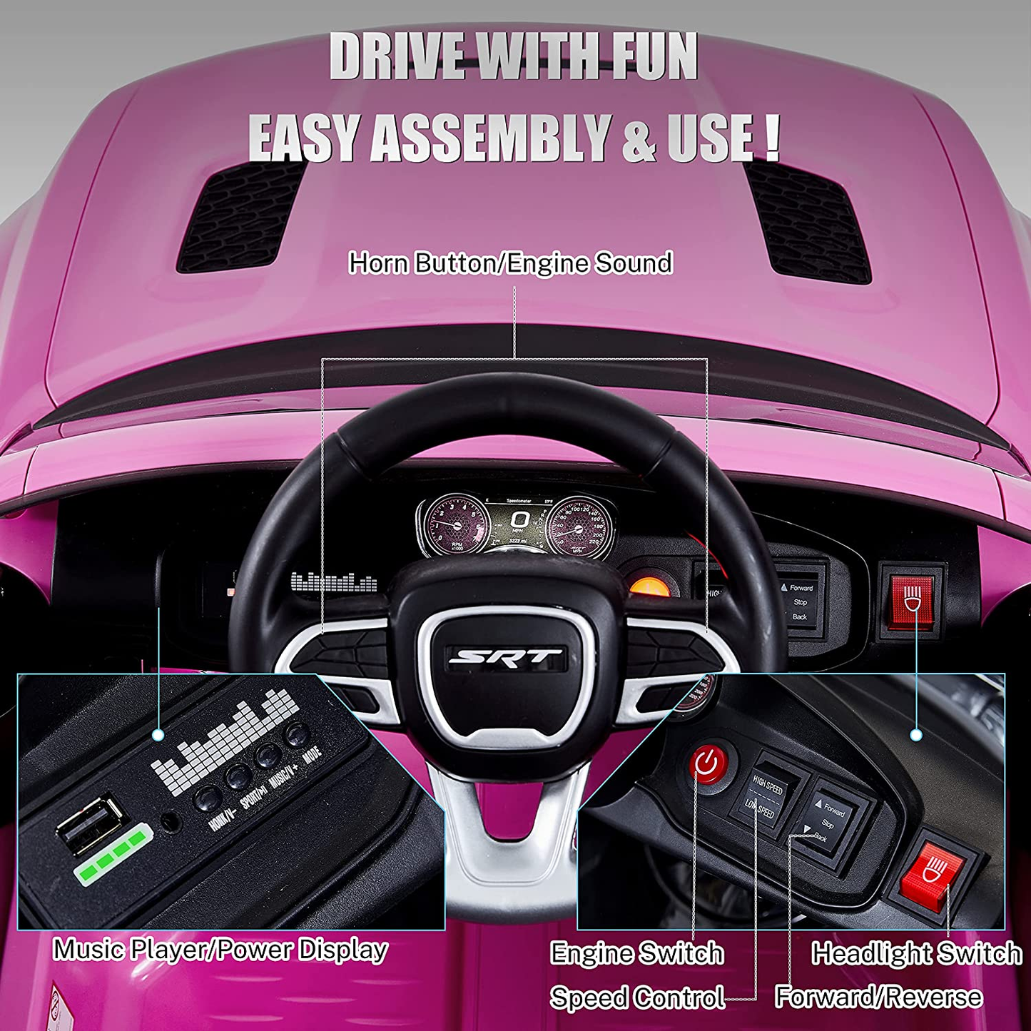 Licensed Dodge Charger SRT Hellcat 12V Electric Ride-On Car for Kids with 7Ah Battery