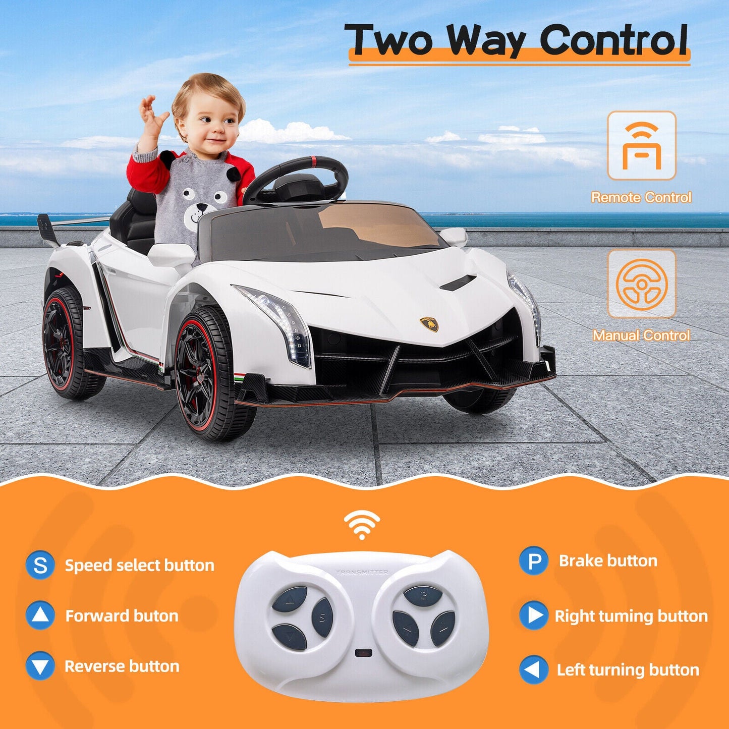 Licensed Lamborghini 2-Seater Electric Ride On Car for Kids with Remote Control - 12V US Version