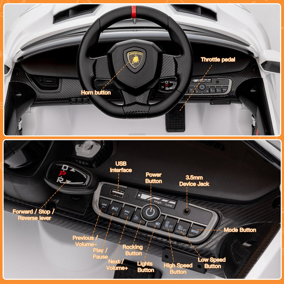 Licensed Lamborghini 2-Seater Electric Ride On Car for Kids with Remote Control - 12V US Version