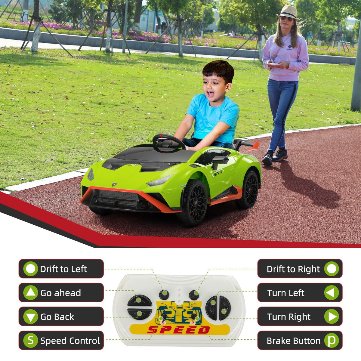 Licensed Lamborghini STO Ride On Car for Kids - 12V Battery Powered, Green