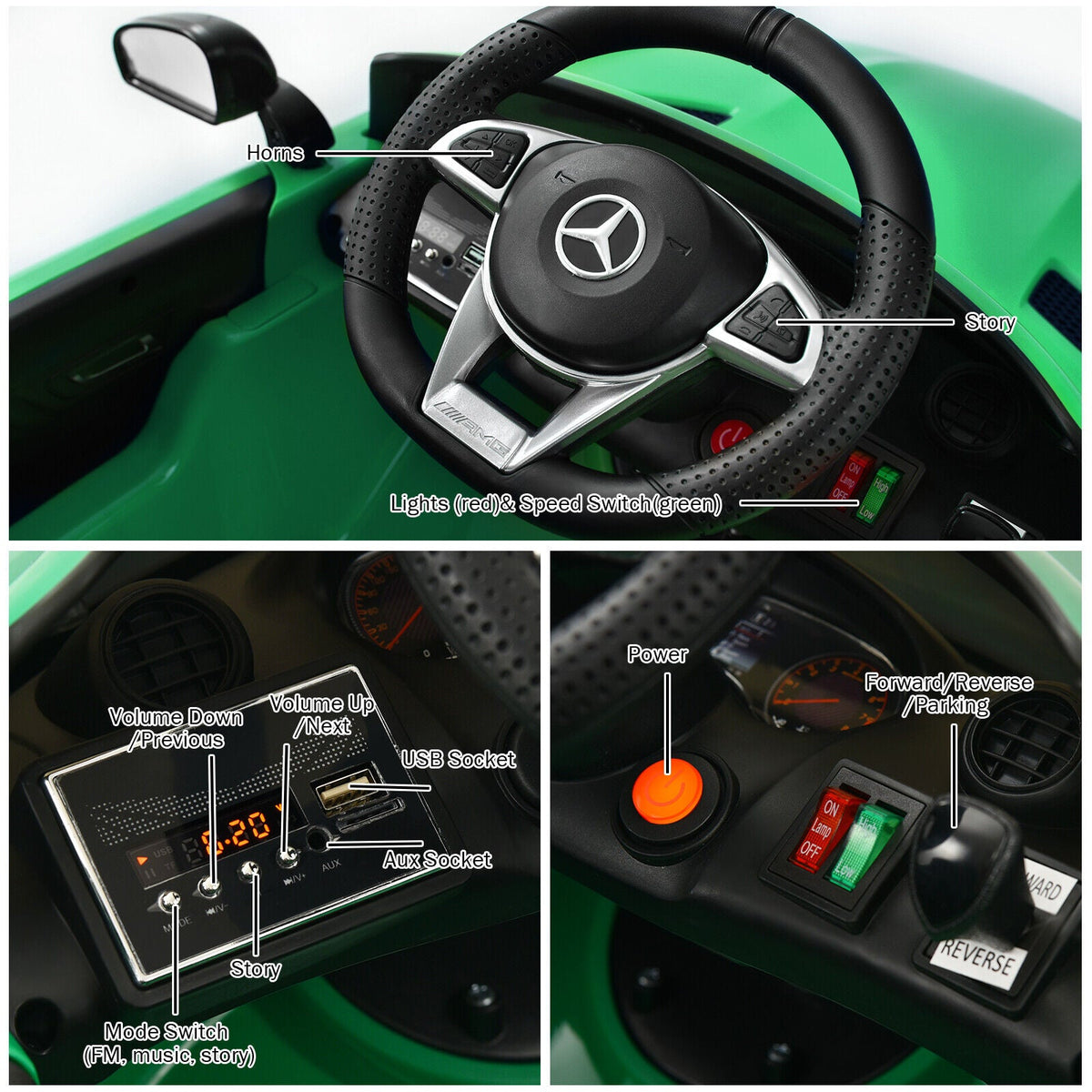 Licensed Mercedes Benz AMG GTR 12V Kids Ride On Car with Remote Control and MP3 Player - Green