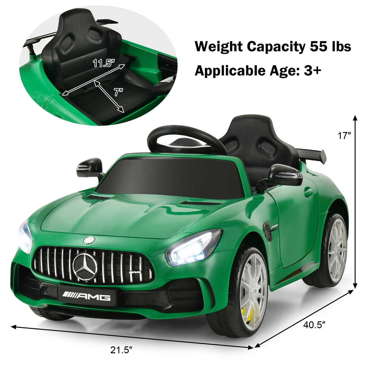 Licensed Mercedes Benz AMG GTR 12V Ride On Car with Remote Control & MP3 Player for Kids - Green