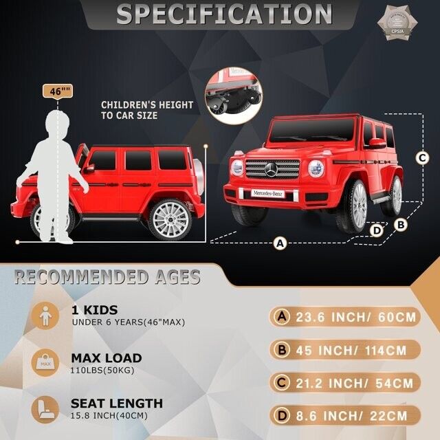 Licensed Mercedes-Benz G500 Kids Ride On Car with Remote Control and Music - 12V