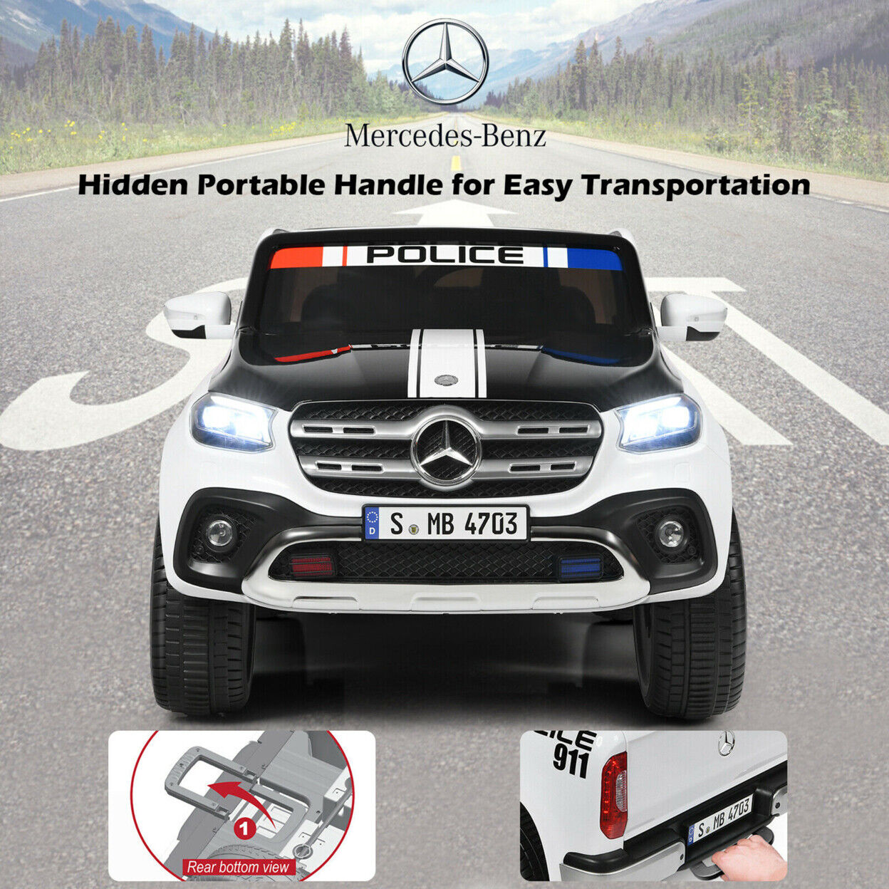 Licensed Mercedes Benz X Class 2-Seater Kids Ride On Police Car with Trunk - 12V RC Toy
