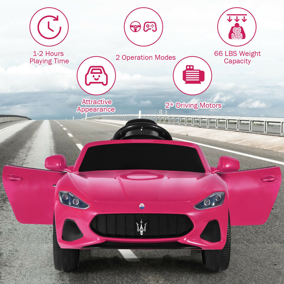 Licensed Pink Maserati GranCabrio 12V Ride On Car with Remote Control and Lights for Kids