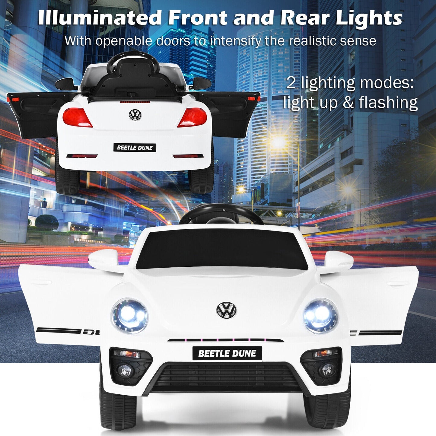 Licensed Volkswagen Beetle 12V Ride On Car for Kids with Music & Remote Control - White
