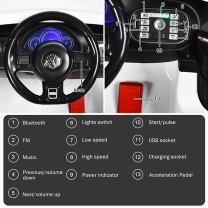 Licensed Volkswagen Beetle 12V Ride On Car for Kids with Music & Remote Control - White