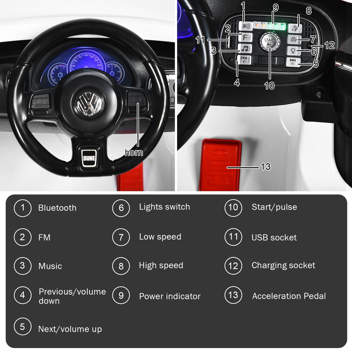Licensed Volkswagen Beetle 12V Ride On Car for Kids with Remote Control and Music - White
