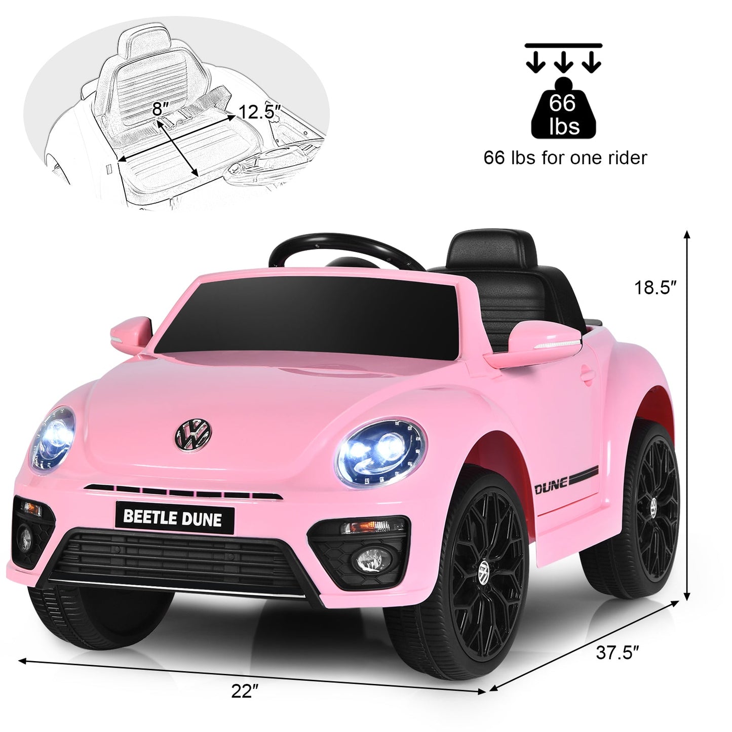 Licensed Volkswagen Beetle 12V Ride On Car with Remote Control and Music for Kids