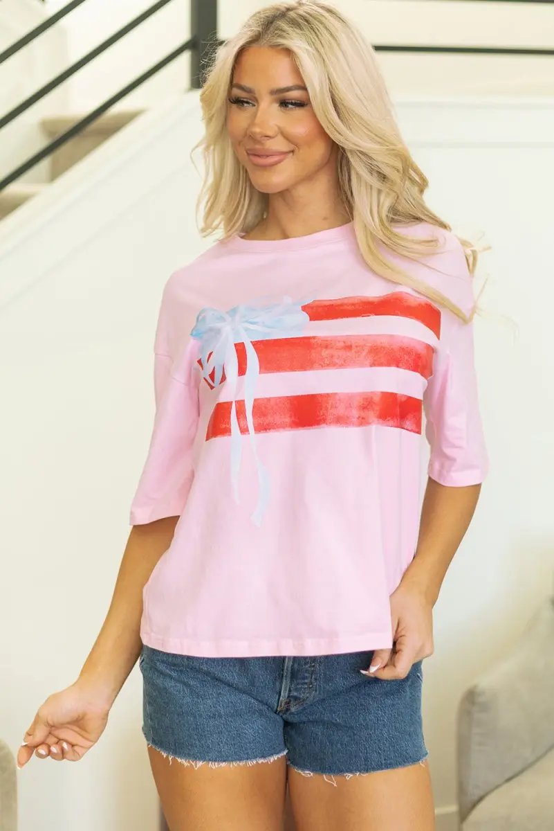 T-Shirts Love Salve Pink Graphic Tee Women's Casual Summer Top + Bow Detail + Crewneck
