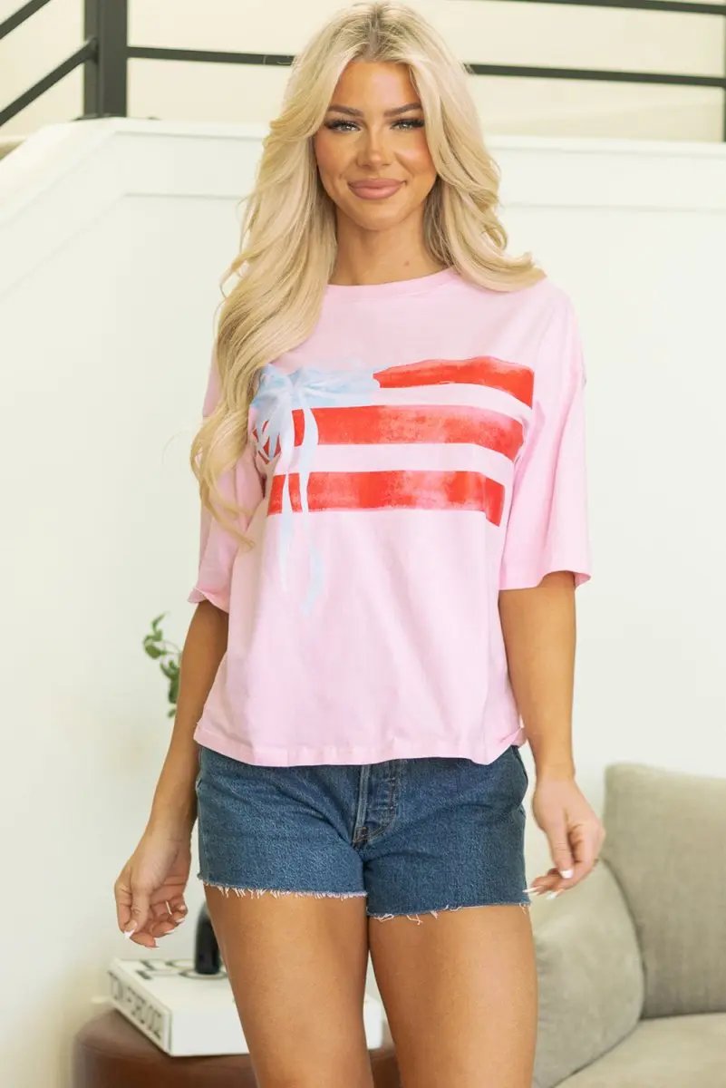 T-Shirts Love Salve Pink Graphic Tee Women's Casual Summer Top + Bow Detail + Crewneck