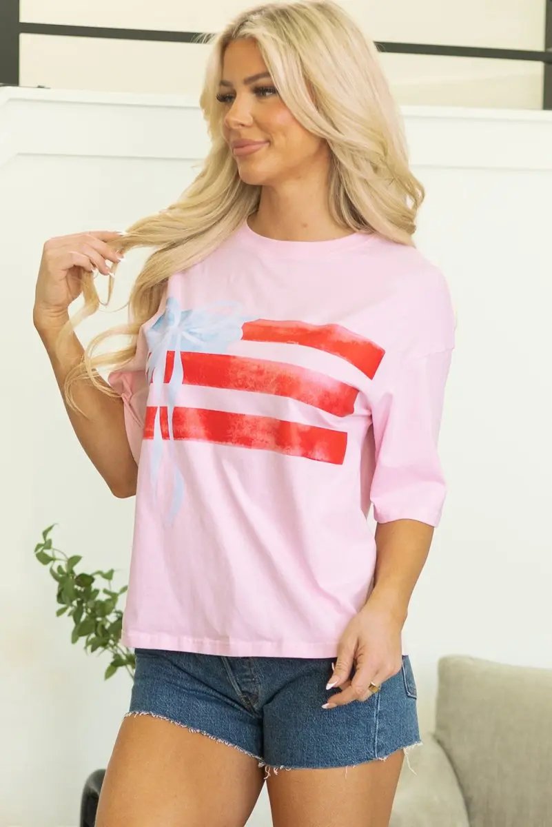 T-Shirts Love Salve Pink Graphic Tee Women's Casual Summer Top + Bow Detail + Crewneck