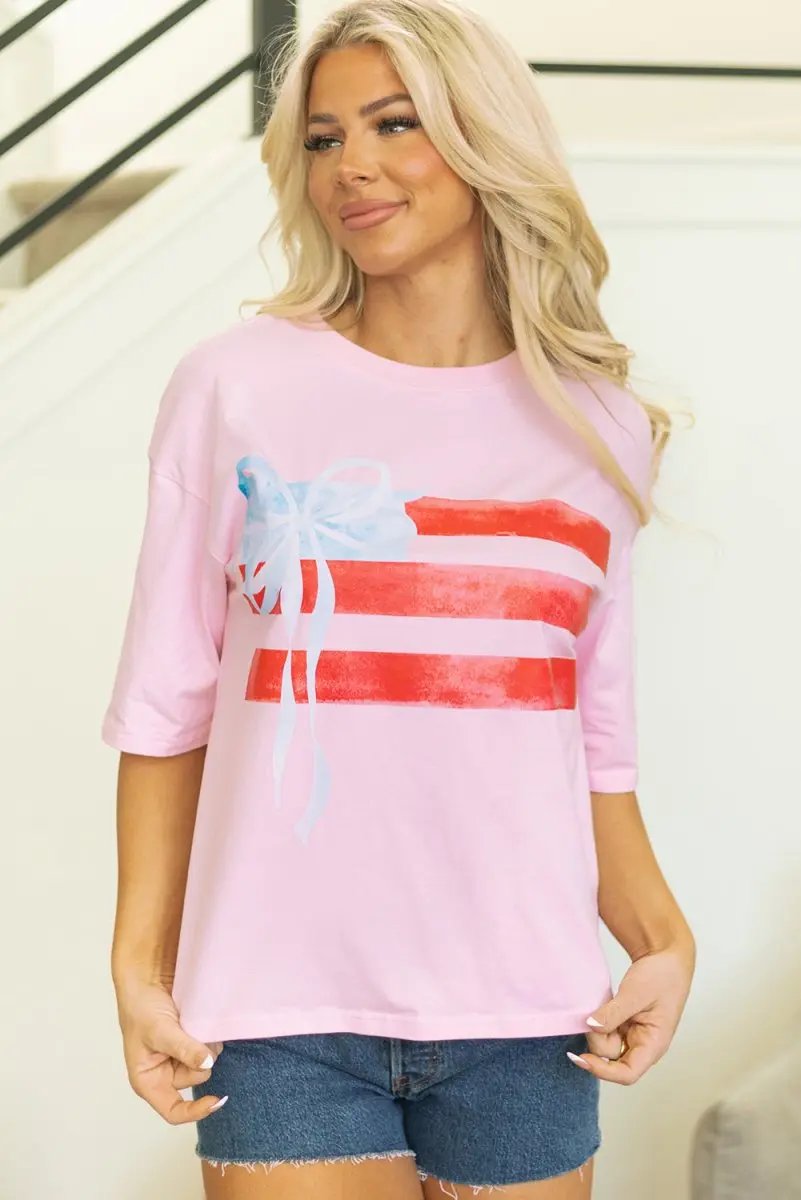 T-Shirts Love Salve Pink Graphic Tee Women's Casual Summer Top + Bow Detail + Crewneck