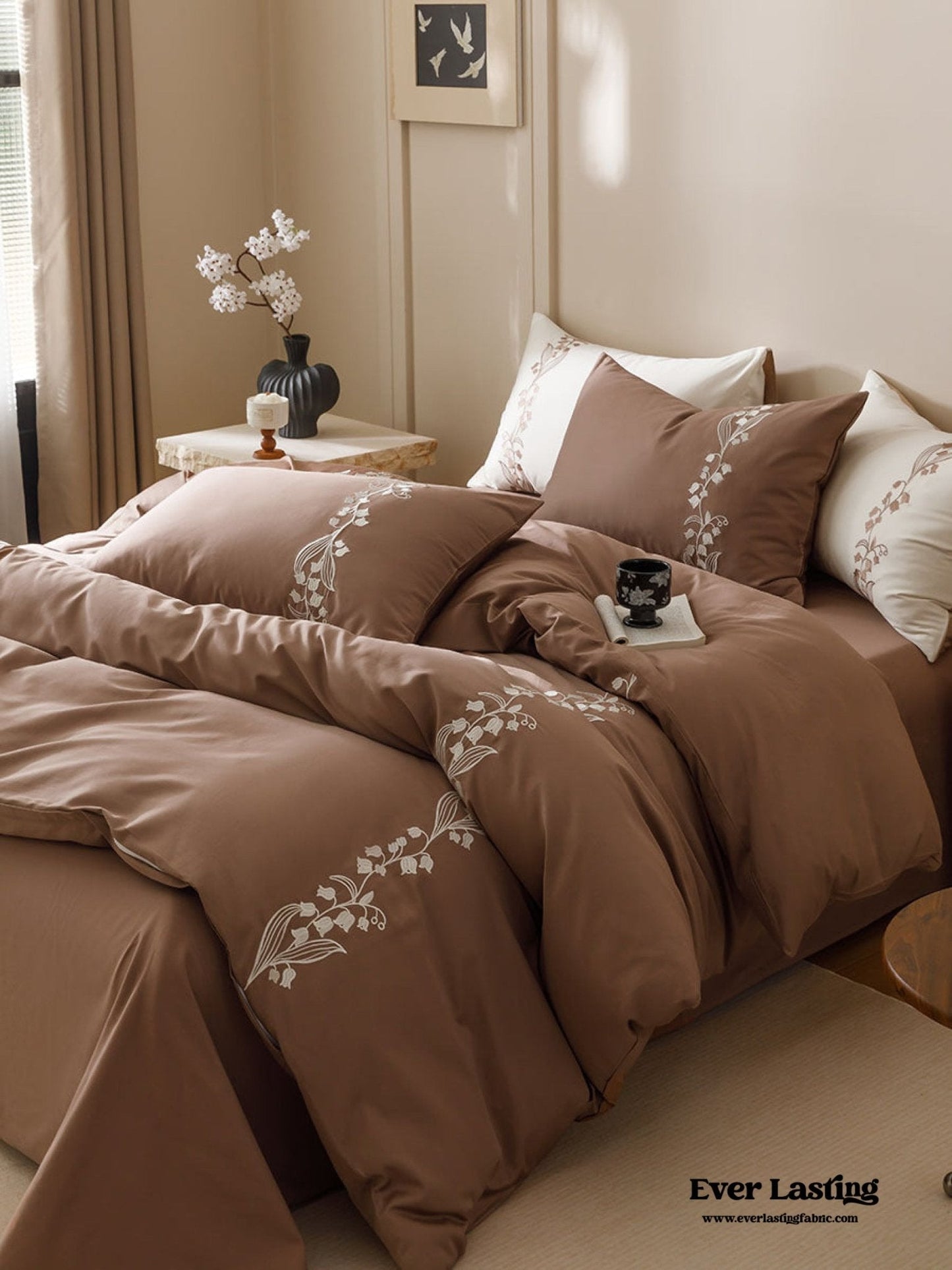 Lily of the Valley Embroidered Silky Bedding Set / Cream