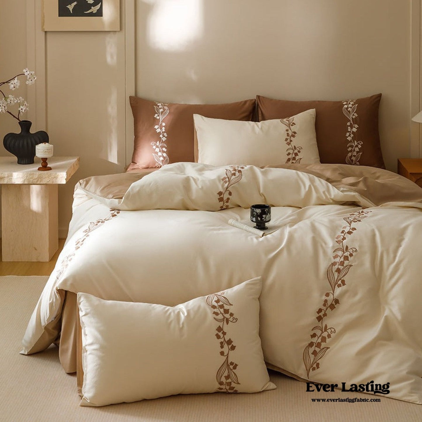 Lily of the Valley Embroidered Silky Bedding Set / Cream