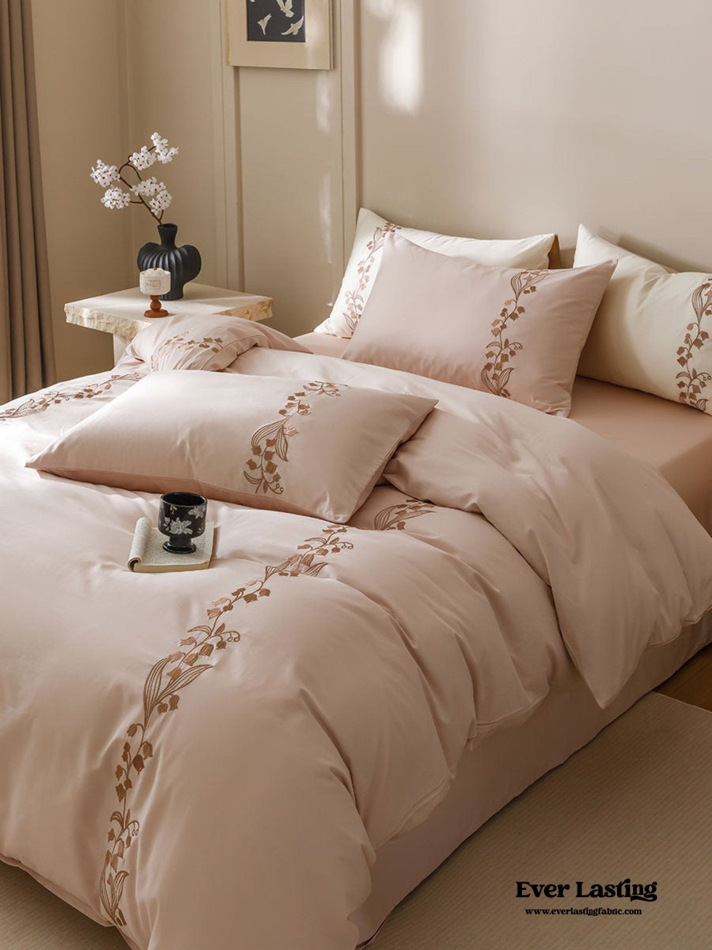 Lily of the Valley Embroidered Silky Bedding Set / Cream