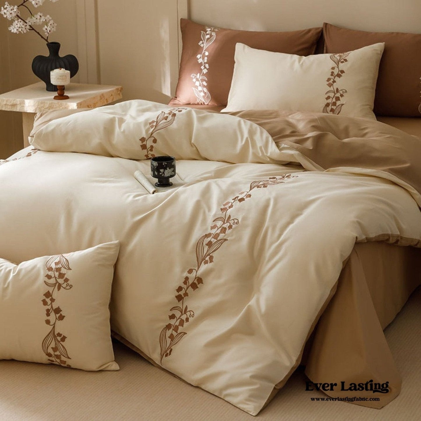 Lily of the Valley Embroidered Silky Bedding Set / Pink