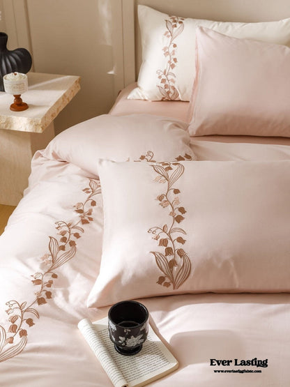 Lily of the Valley Embroidered Silky Bedding Set / Pink