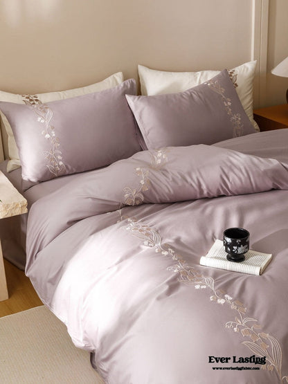 Lily of the Valley Embroidered Silky Bedding Set / Purple