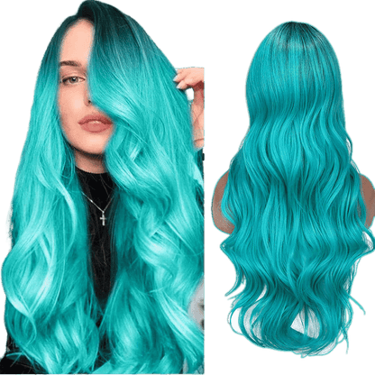 Long Wavy Side Part Wig Ombre Bluish Green Color Heat Resistant